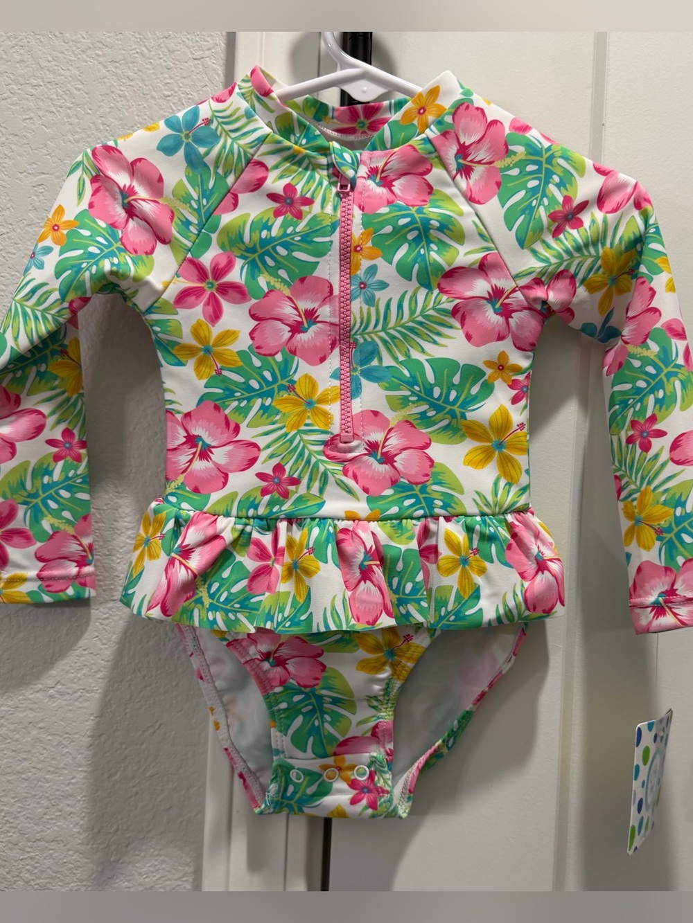 Little Me Pink Green Floral Long Sleeve UPF 50+ One-Piece Zip Snap Swimsuit 12 M